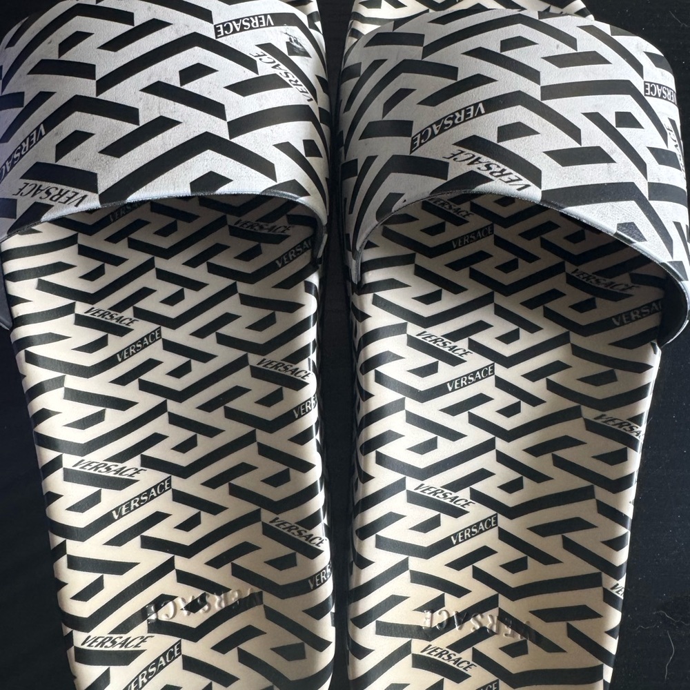 Versace Black & White Geometric Logo Slide Sandals